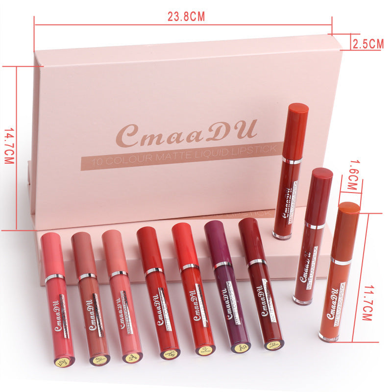 Yiwu Renfan waterproof matte lipstick for women set with 10 vibrant liquid matte shades in pink and red tones