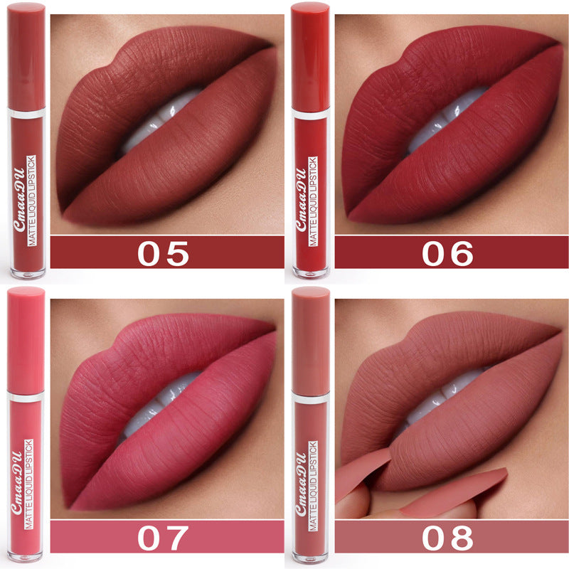 Yiwu Renfan waterproof matte lipstick for women showing four shades on lips with matching tubes