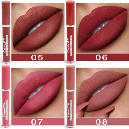 Yiwu Renfan waterproof matte lipstick for women showing four shades on lips with matching tubes
