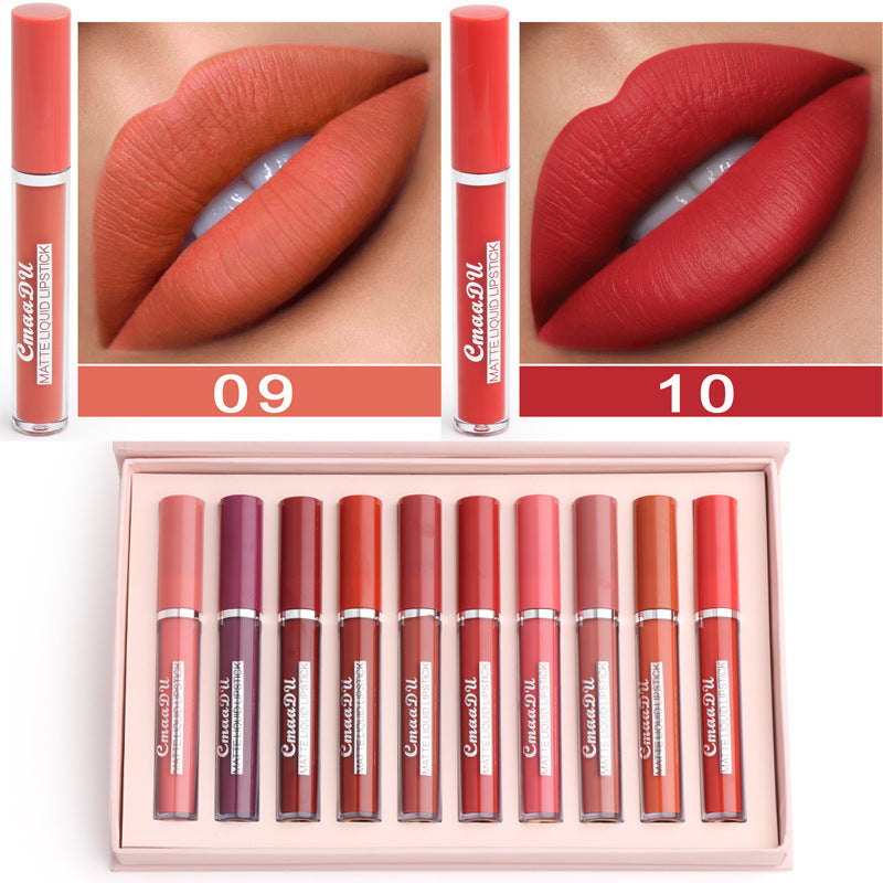 Yiwu Renfan waterproof matte lipstick for women in various shades displayed with lips wearing shades 09 and 10