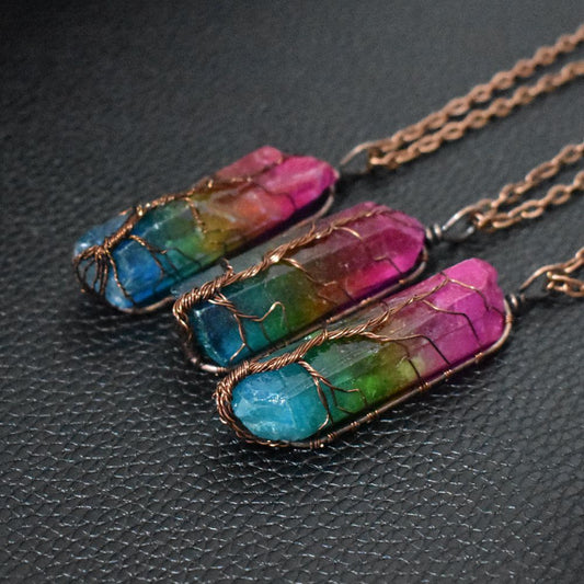 Fashion necklace featuring handmade rainbow stone jewelry for wellness with colorful wire wrapping