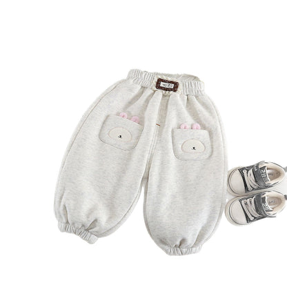 Cute warm trousers for girls with bunny pockets in light gray for comfortable playtime