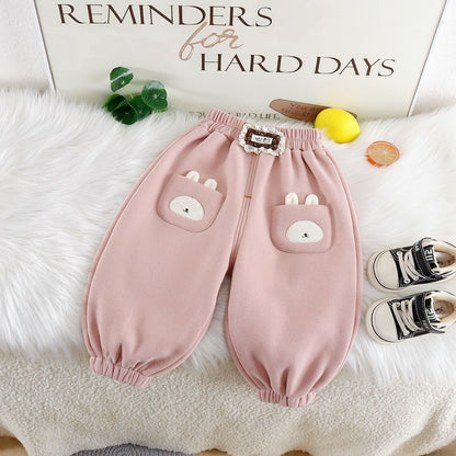 Cute warm trousers for girls featuring bunny pockets and a soft pink fabric