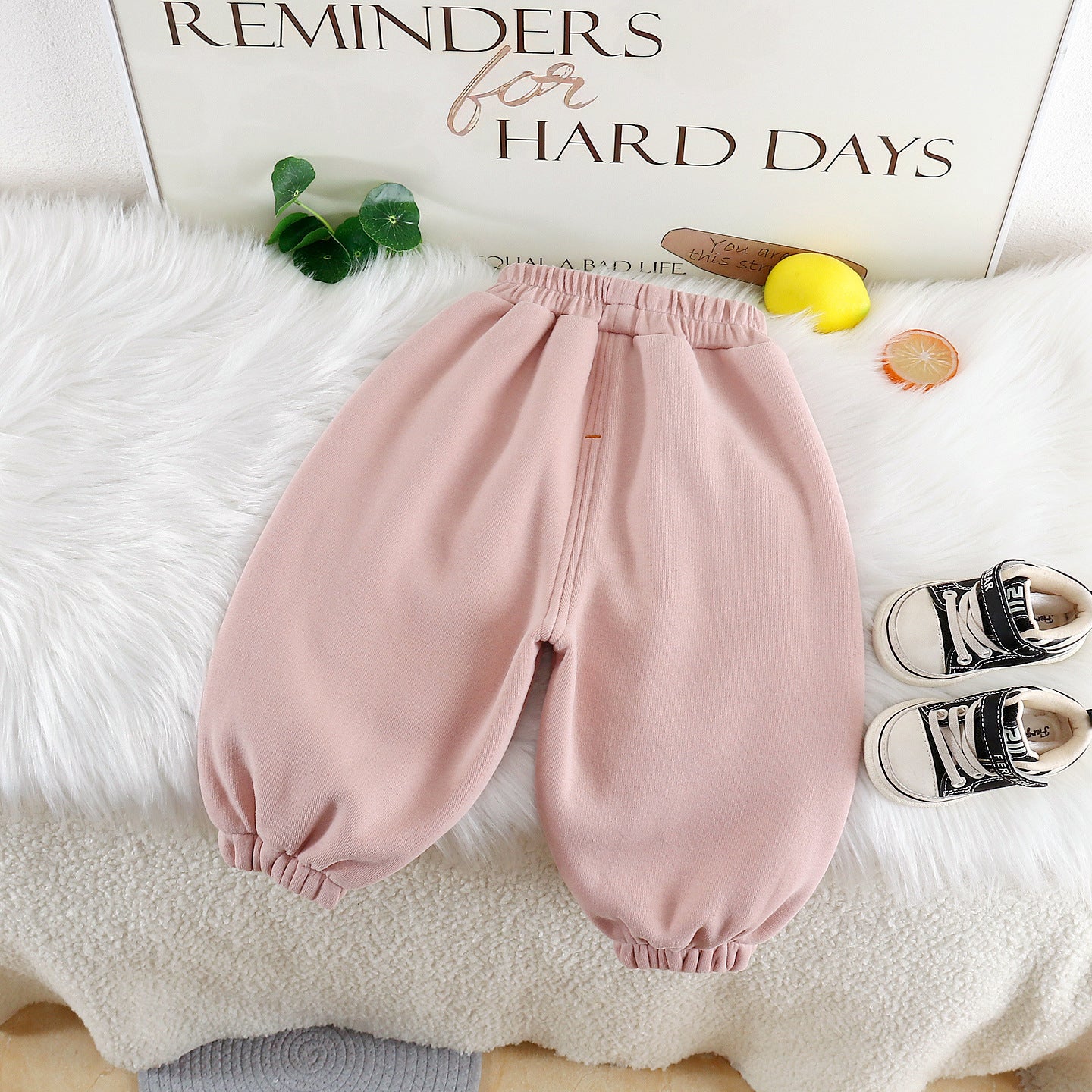 Soft pink cute warm trousers for girls with elastic waistband and gathered hems