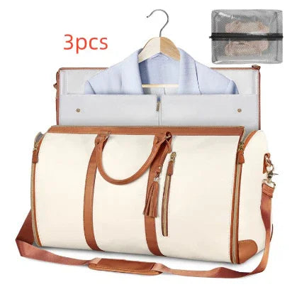 Cream and brown leather travel duffel bag with removable garment bags and shoe bag set