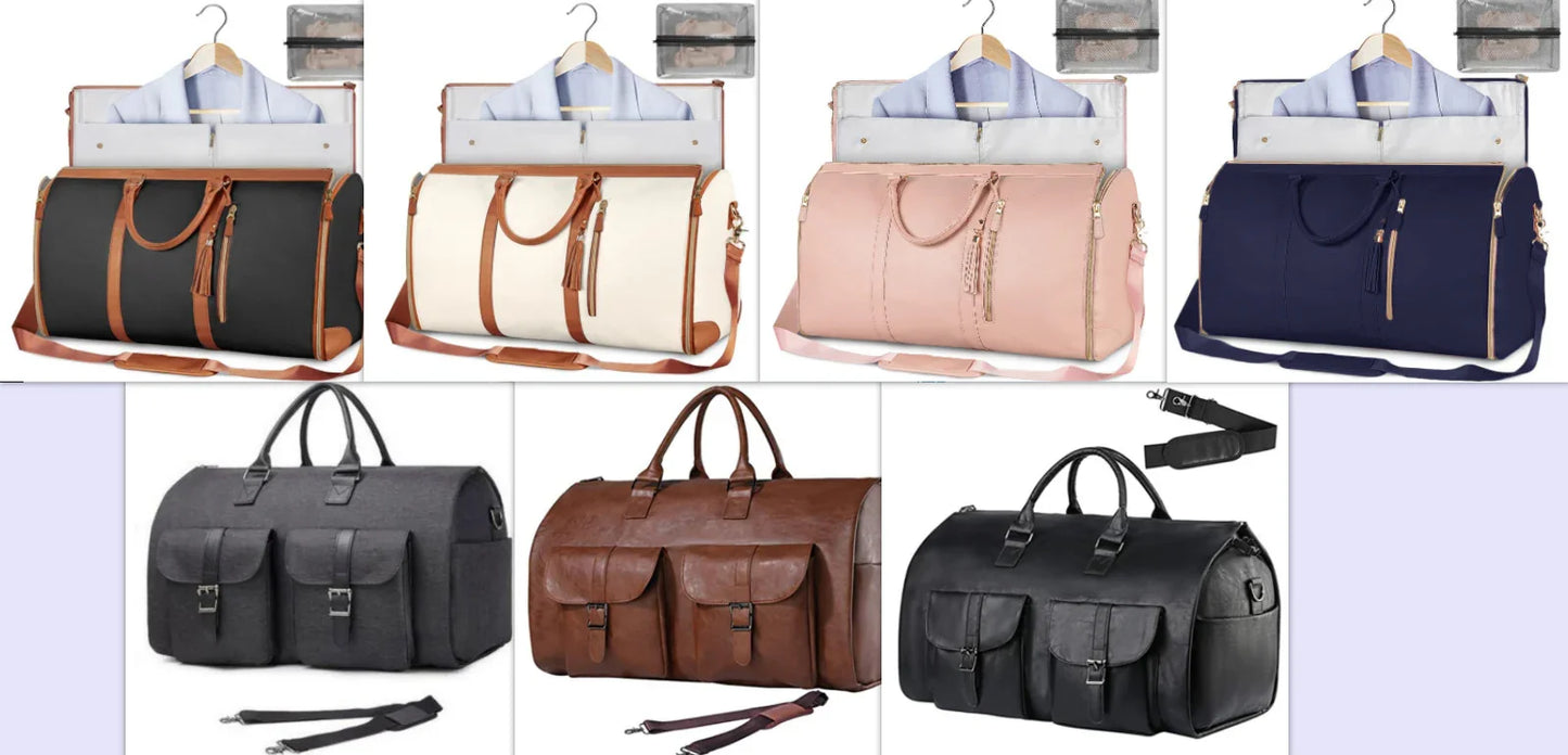 Set of stylish travel garment bags and leather duffel bags in black, cream, pink, navy, gray, and brown colors