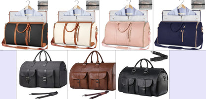 Set of stylish travel garment bags and leather duffel bags in black, cream, pink, navy, gray, and brown colors