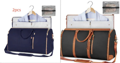 Two garment travel bags in navy and black with tan straps, displaying blazers and shoe pouches