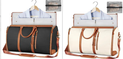 Black and white leather travel duffel bags with brown straps, clothes, and packing organizers inside