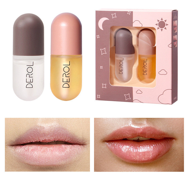 Yiwu Renfan instant lip plumper oil set with before and after lips showing volume and shine
