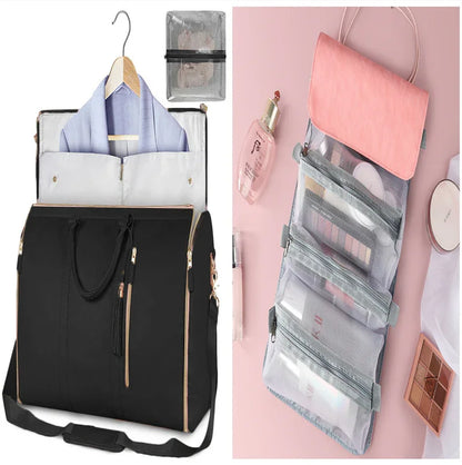 Black garment travel bag with hanger and foldable pink and gray cosmetics organizer with makeup items on pink surface