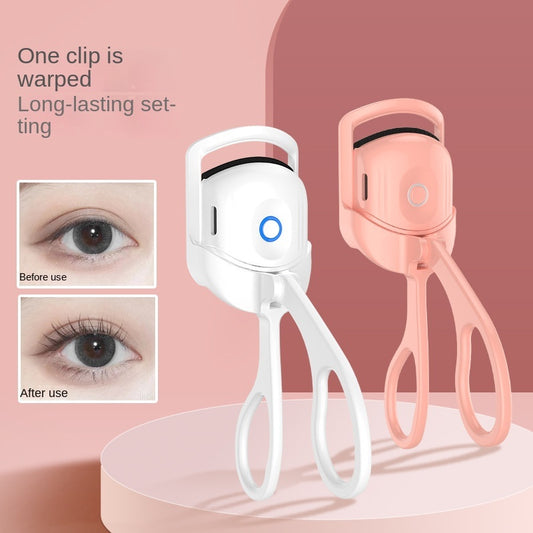 Popmarket electric heated eyelash curler in white and pink with before and after use eye lash results