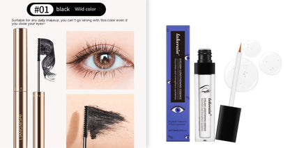 Eyelash nourishing serum by Hangzhou Jingqian with applicator brush and close-up of lashes before and after use