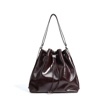 Yiwu Renfan one-shoulder bucket bag in glossy dark brown leather fashionable bucket bag for women