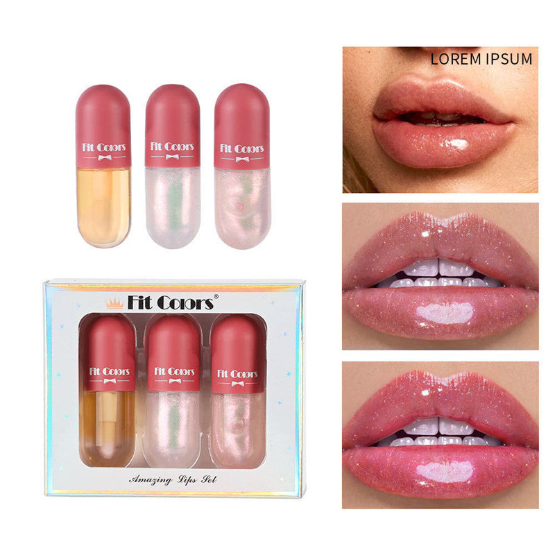 Yiwu Renfan Night Instant Volume Lip Plumper Oil set with three shades showing glossy plump lips results