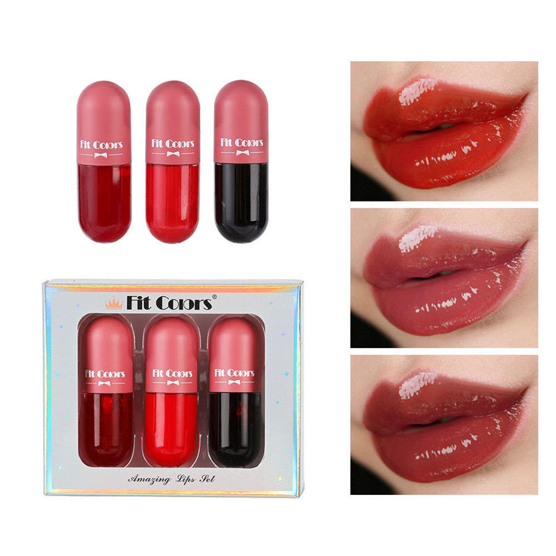 Yiwu Renfan Night Instant Volume Lip Plumper Oil Cle set with three shades and glossy lips before and after application