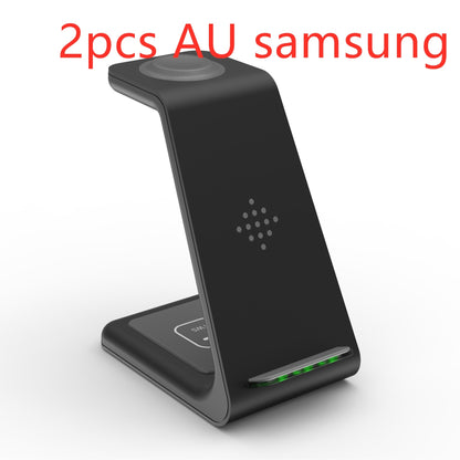 Black 3 in 1 wireless charging station with sleek vertical design and LED indicator lights