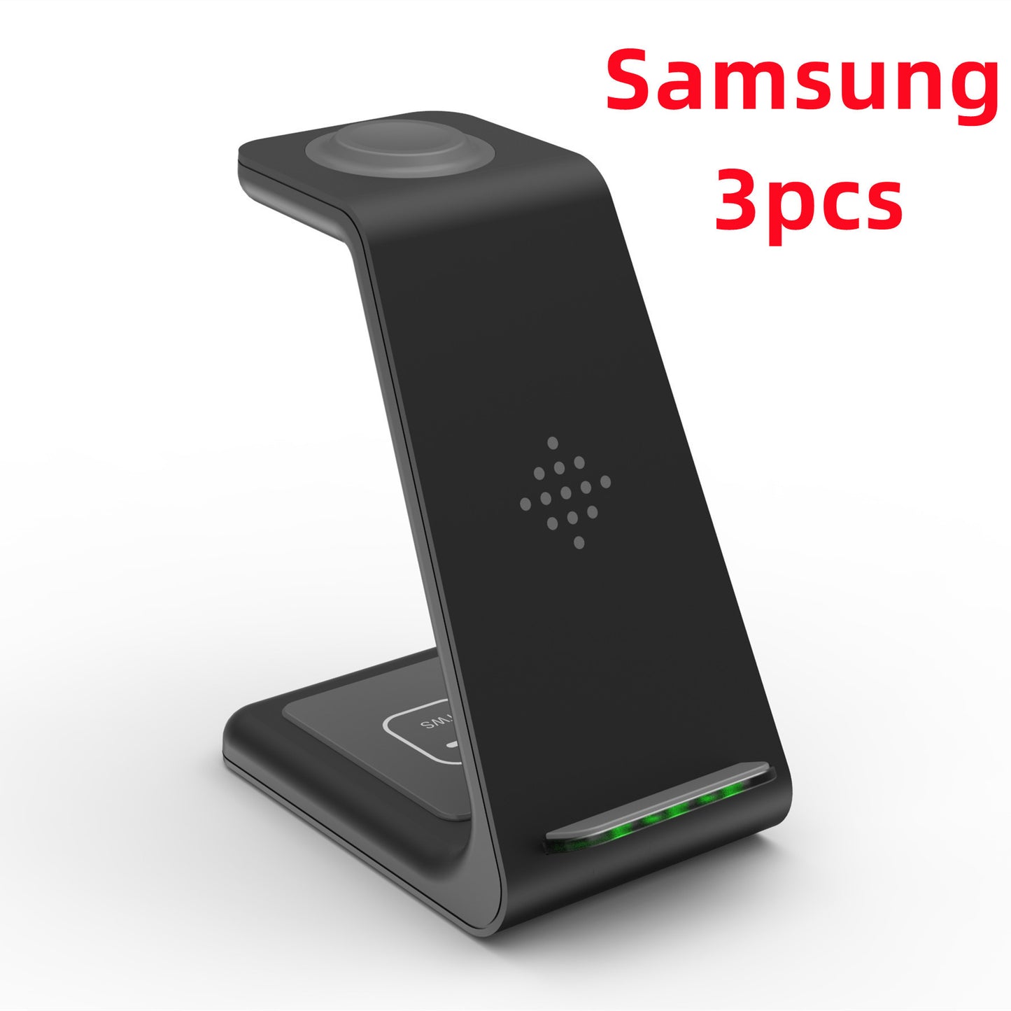 Black 3 in 1 wireless charging station with sleek design for smartphones, earbuds, and smartwatches