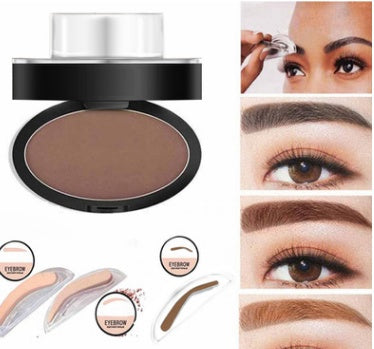 Yiwu Renfan eyebrow powder stamp kit with stencil shapes and example of eyebrow tinting results
