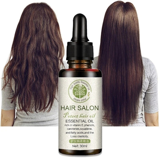 Yiwu Renfan hair care essential oil bottle with before and after images showing healthier, smoother hair