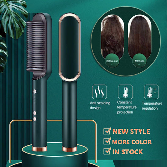 Yiwu Renfan hair straightening comb with temperature control dual-purpose electric curling tong in dark green and rose gold
