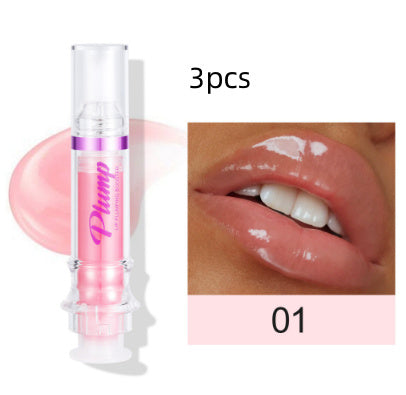 Spicy lip plumper tube by Hangzhou Jingqian with glossy pink lip color applied on lips