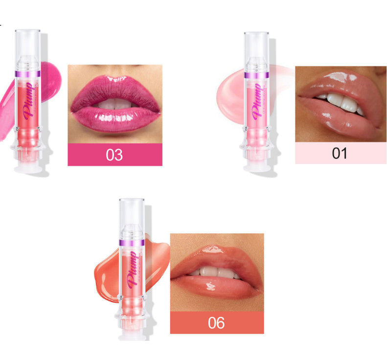 Hangzhou Jingqian spicy lip plumper in shades 01 light pink, 03 vibrant fuchsia, and 06 soft coral with glossy finish
