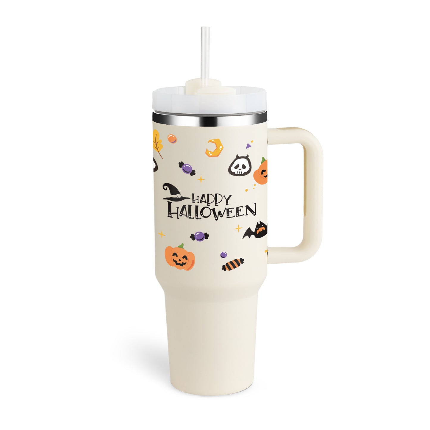 40 oz insulated tumbler with handle featuring Halloween design and clear lid with straw