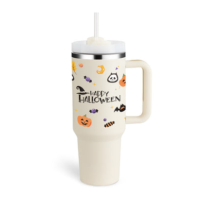 40 oz insulated tumbler with handle featuring Halloween design and clear lid with straw