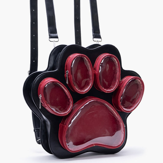 Cute Japanese cat paw bag for women in black and red, featuring multiple zippered pockets