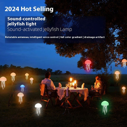 Colorful sound-activated jellyfish lamp for desk, creating a vibrant ambiance outdoors at night