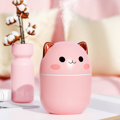 Pink Hangzhou Jingqian cute cat air humidifier with golden ears and smiling face emitting mist