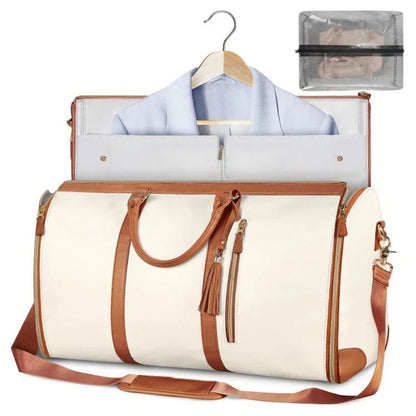 Large capacity travel bag for women in white with brown leather accents and detachable shoulder strap