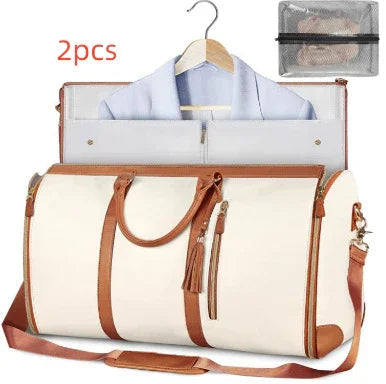 Large capacity travel bag for women in beige with brown accents and detachable shoulder strap