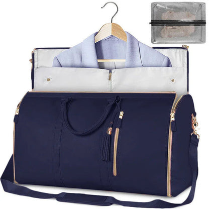 Large capacity travel bag for women in navy blue with multiple compartments and detachable shoulder strap