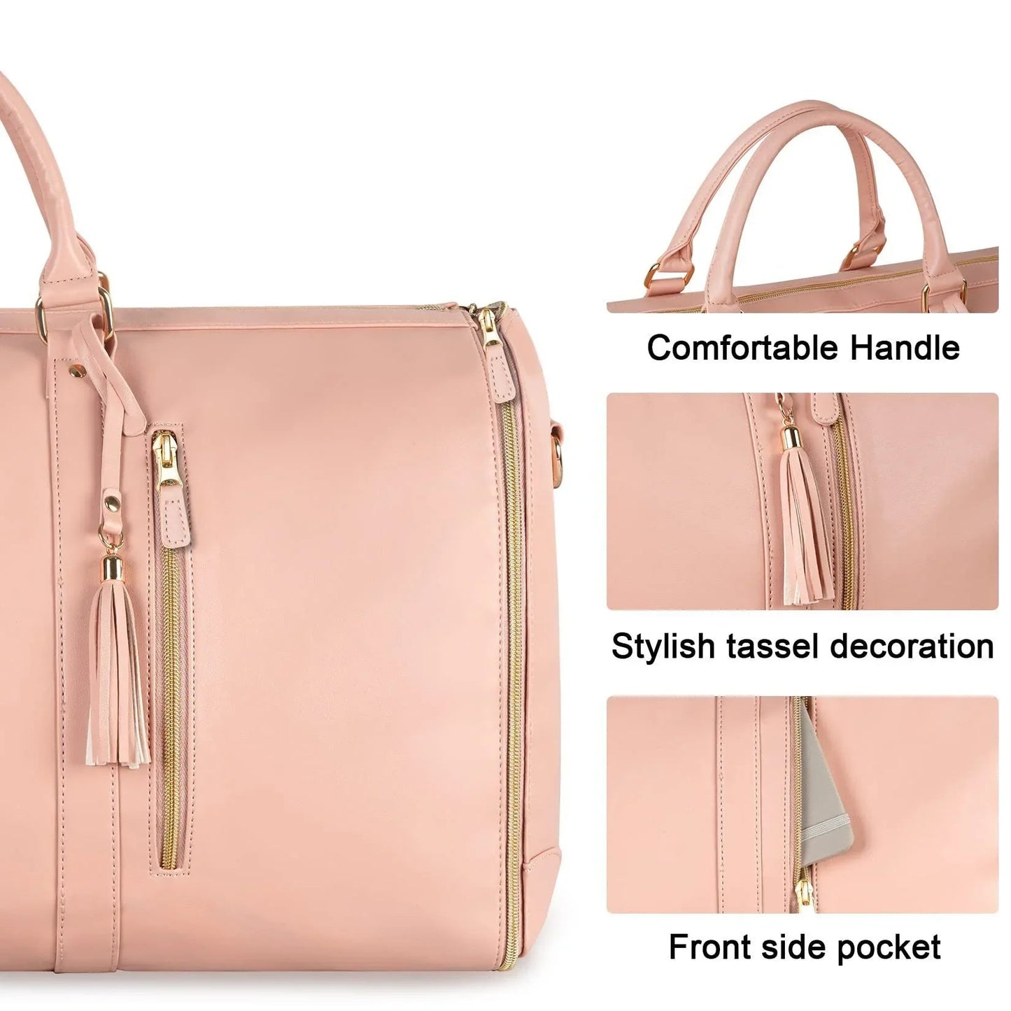 Large capacity travel bag for women in pink with comfortable handle stylish tassel and front side pocket