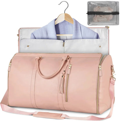 Large capacity travel bag for women in pink with multiple compartments and a garment section