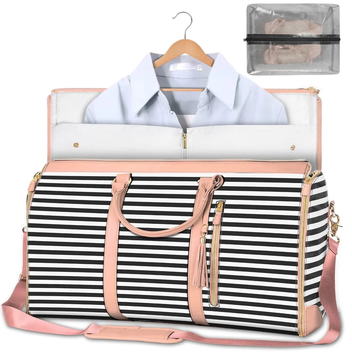 Large capacity travel bag for women with black and white stripes and pink handles by Hangzhou Jingqian
