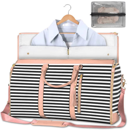 Large capacity travel bag for women with black and white stripes and pink handles by Hangzhou Jingqian