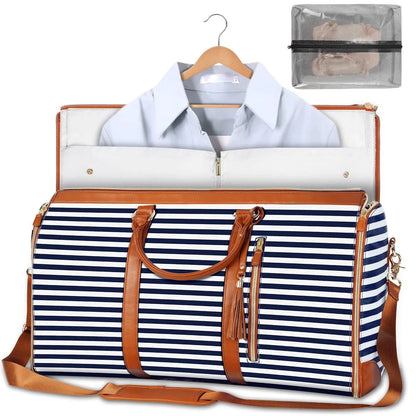 Large capacity travel bag for women in navy blue and white stripes with brown leather handles