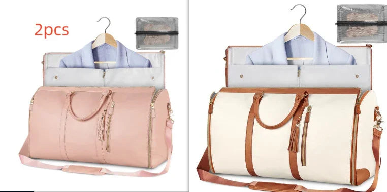 Two large capacity travel bags for women in pink and beige with brown straps and tassel details