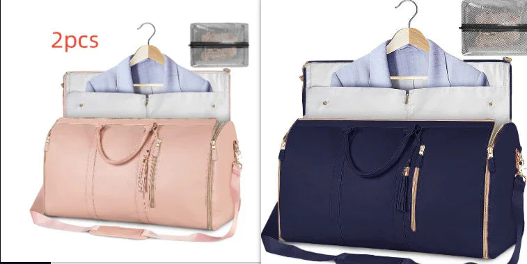 Large capacity travel bag for women in pink and navy blue with shoulder straps and garment compartment