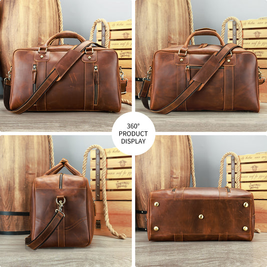 Box of Pandora genuine leather travel bag for men in vintage brown with shoulder strap brass feet and zip pockets