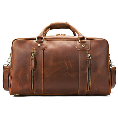 Box of Pandora brown leather duffel with dual front zip pockets and shoulder strap genuine leather travel bag for men