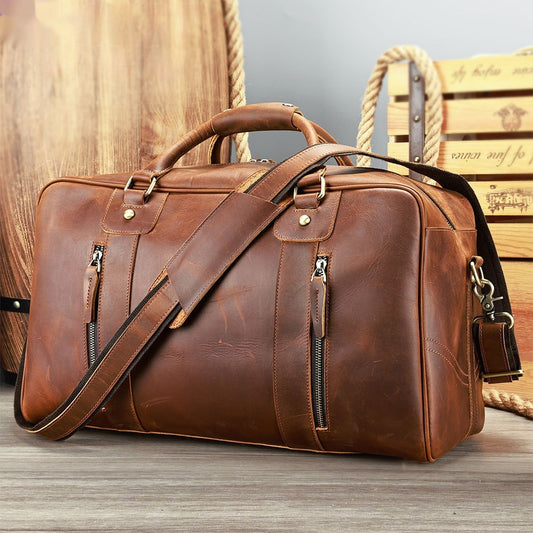 Box of Pandora genuine leather travel bag for men brown duffel with top handles shoulder strap and front zip pockets