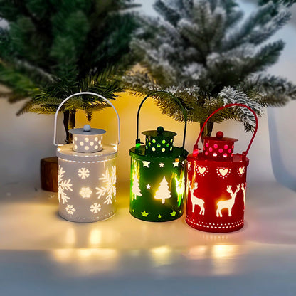 Set of LED Christmas candle lanterns in green, red, and white with festive designs for holiday decor