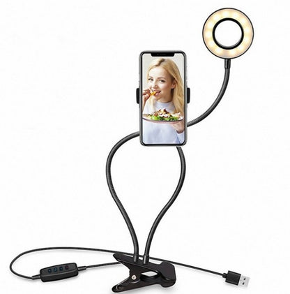 LED selfie ring light with flexible gooseneck, clip base, phone holder, and USB connection