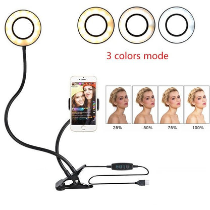 LED selfie ring light with adjustable brightness and three color modes for live streaming