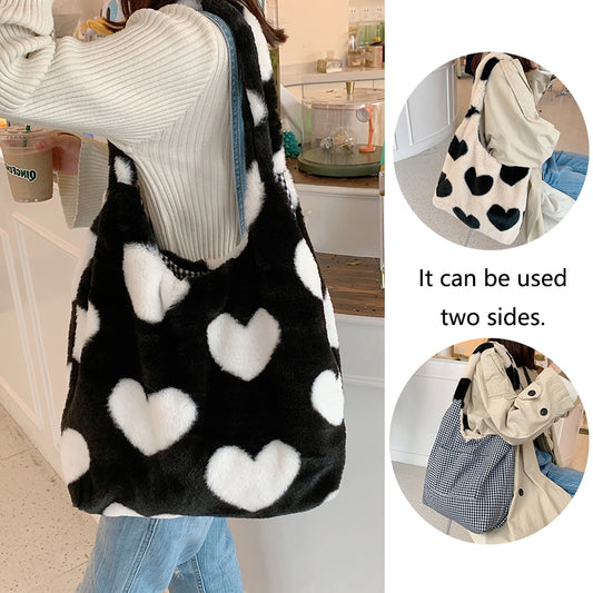 Love heart double-sided shoulder bag in black and white with soft material for versatile use