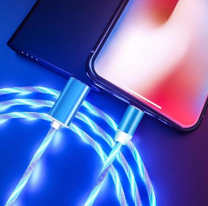 Hangzhou Jingqian magnetic streamer charging cable glowing blue connected to iPhone and Android devices